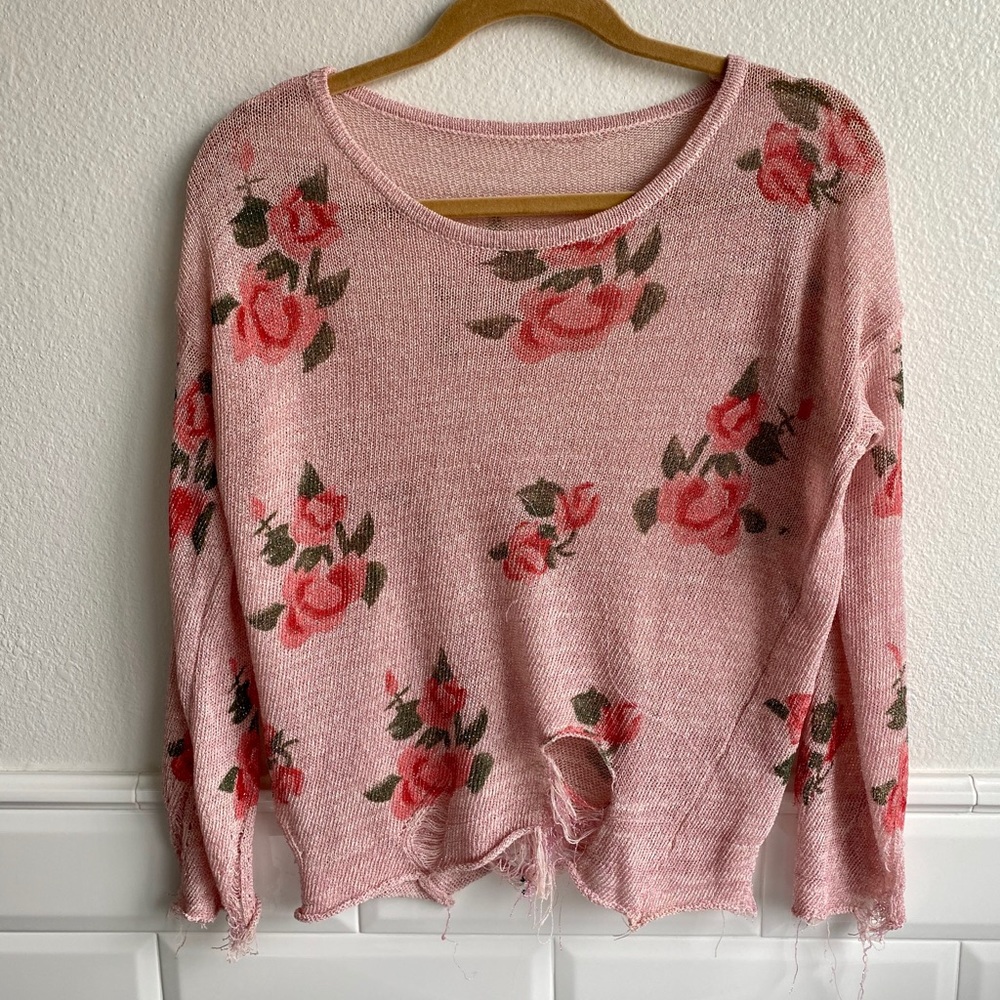 Rose Floral Ripped Sweater